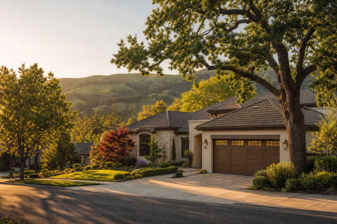 Tree-lined San Ramon Valley street in Danville at golden hour, East Bay garage door repair from Blackhawk to the westside