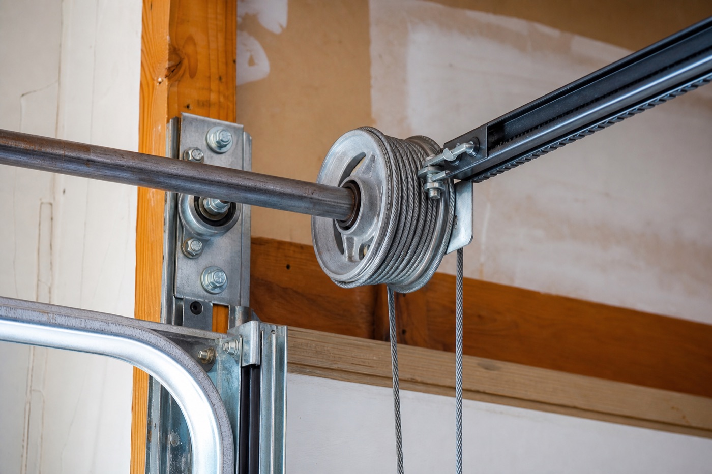 Close work on garage door lift hardware: cable replacement takes the door's full weight, so precision matters