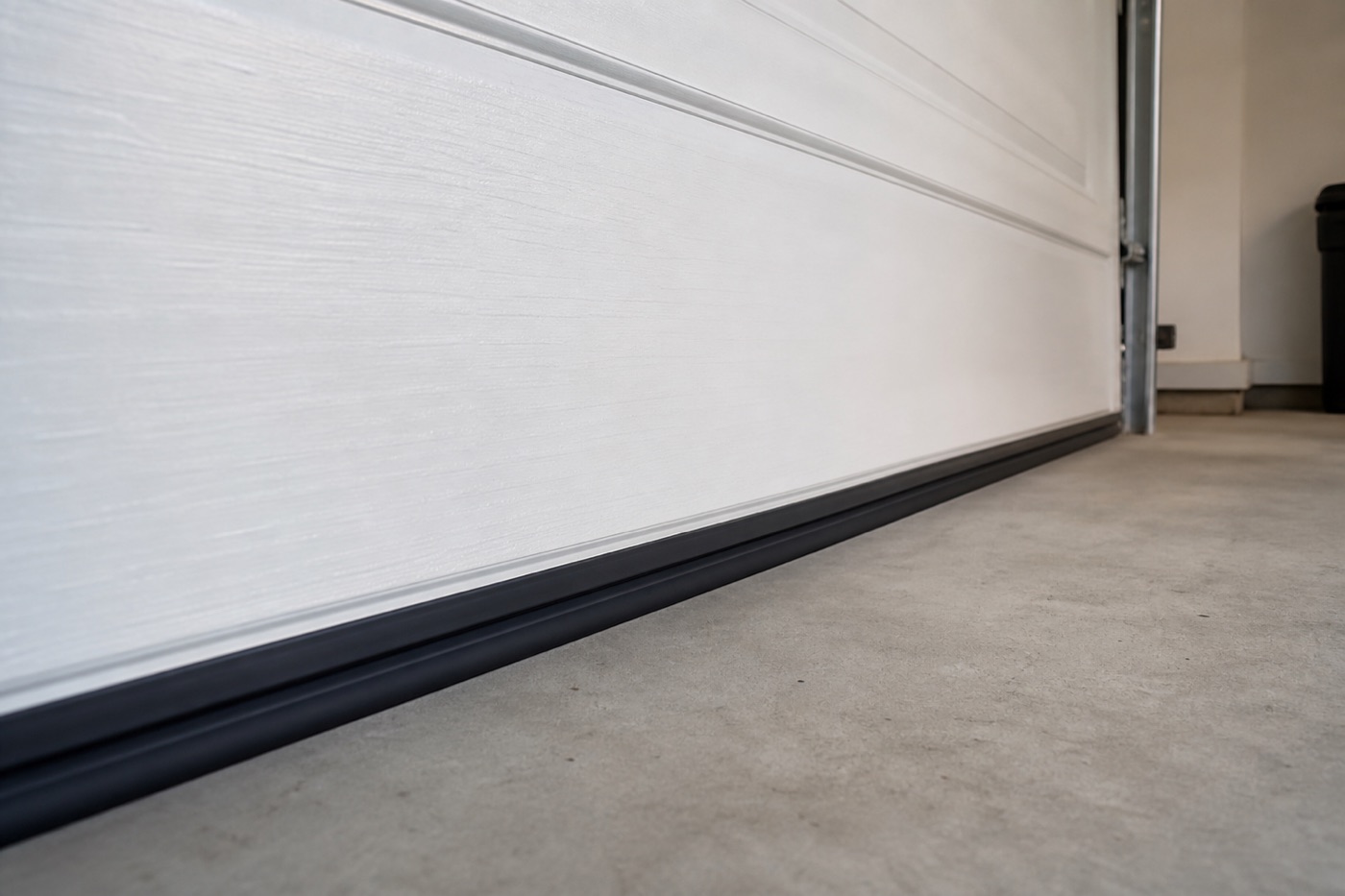 Bottom of a garage door meeting the floor: a fresh weather seal keeps out drafts, water, and pests